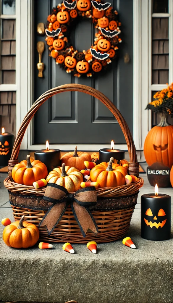 A basket decorated for Halloween, filled with mini pumpkins, candy corn, and a few black and orange candles. The basket is set on a doorstep with a spooky Halloween wreath on the door, creating a festive and slightly eerie atmosphere.