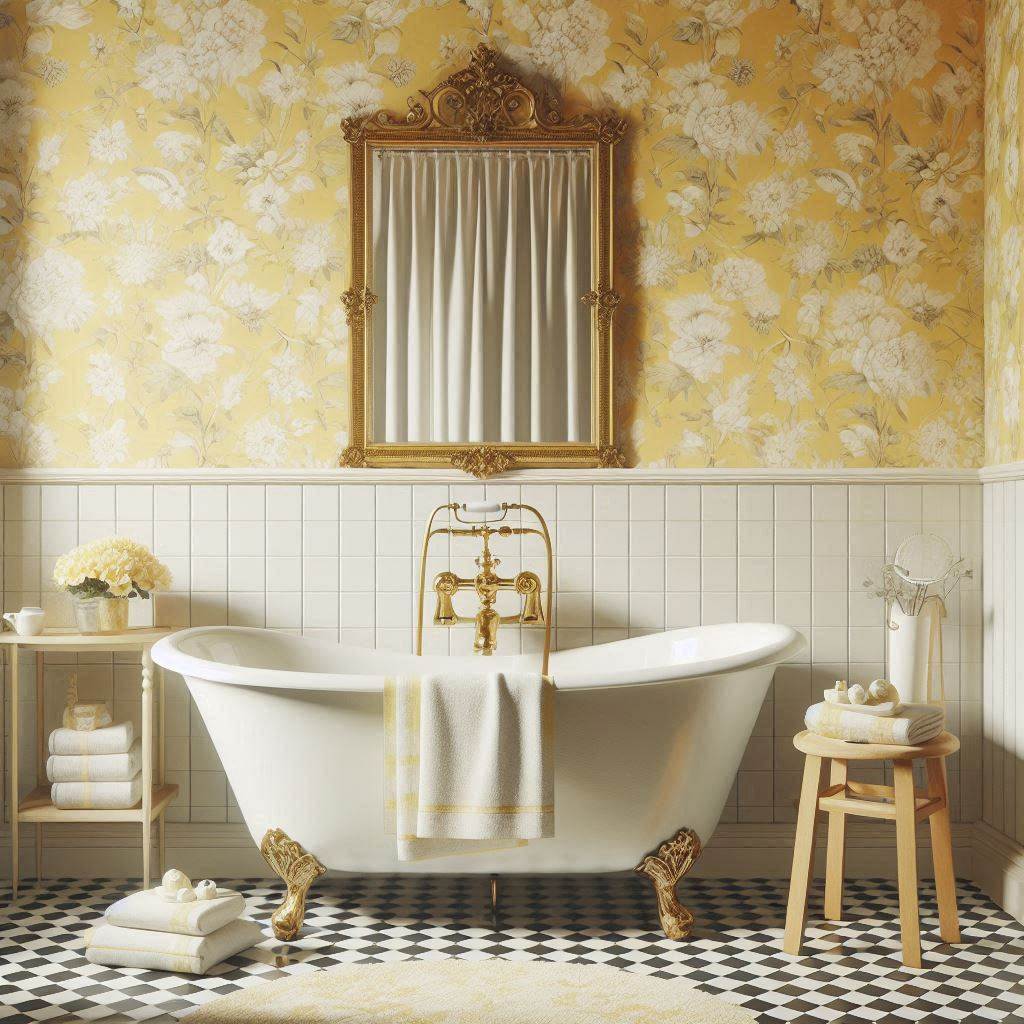A vintage bathroom design with a soft pastel yellow color scheme. A classic white clawfoot bathtub is the focal point, surrounded by yellow and white floral wallpaper. The floor is covered with black-and-white checkered tiles, and thereās a small wooden stool with a stack of fluffy white towels. An antique brass-framed mirror hangs above a pedestal sink.