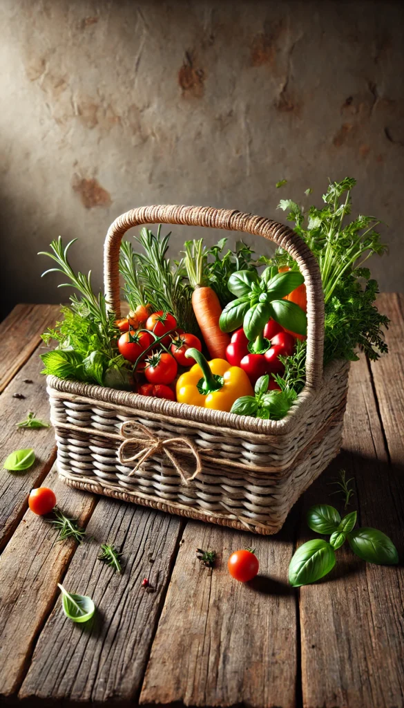 A rectangular basket with a sturdy handle, decorated with fresh vegetables like tomatoes, bell peppers, and carrots, along with herbs such as basil and rosemary. The basket is placed on a rustic wooden kitchen counter, evoking a farm-to-table theme.