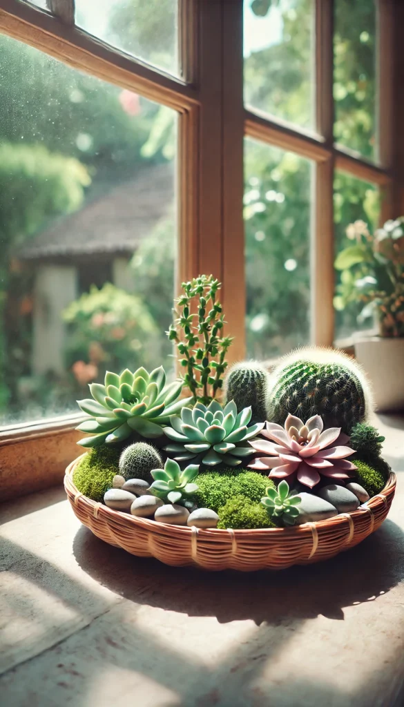 A round, shallow basket decorated with an arrangement of succulent plants and small cacti, with pebbles and moss as a base. The basket is placed on a windowsill with a view of a sunny garden outside, creating a serene and natural atmosphere.