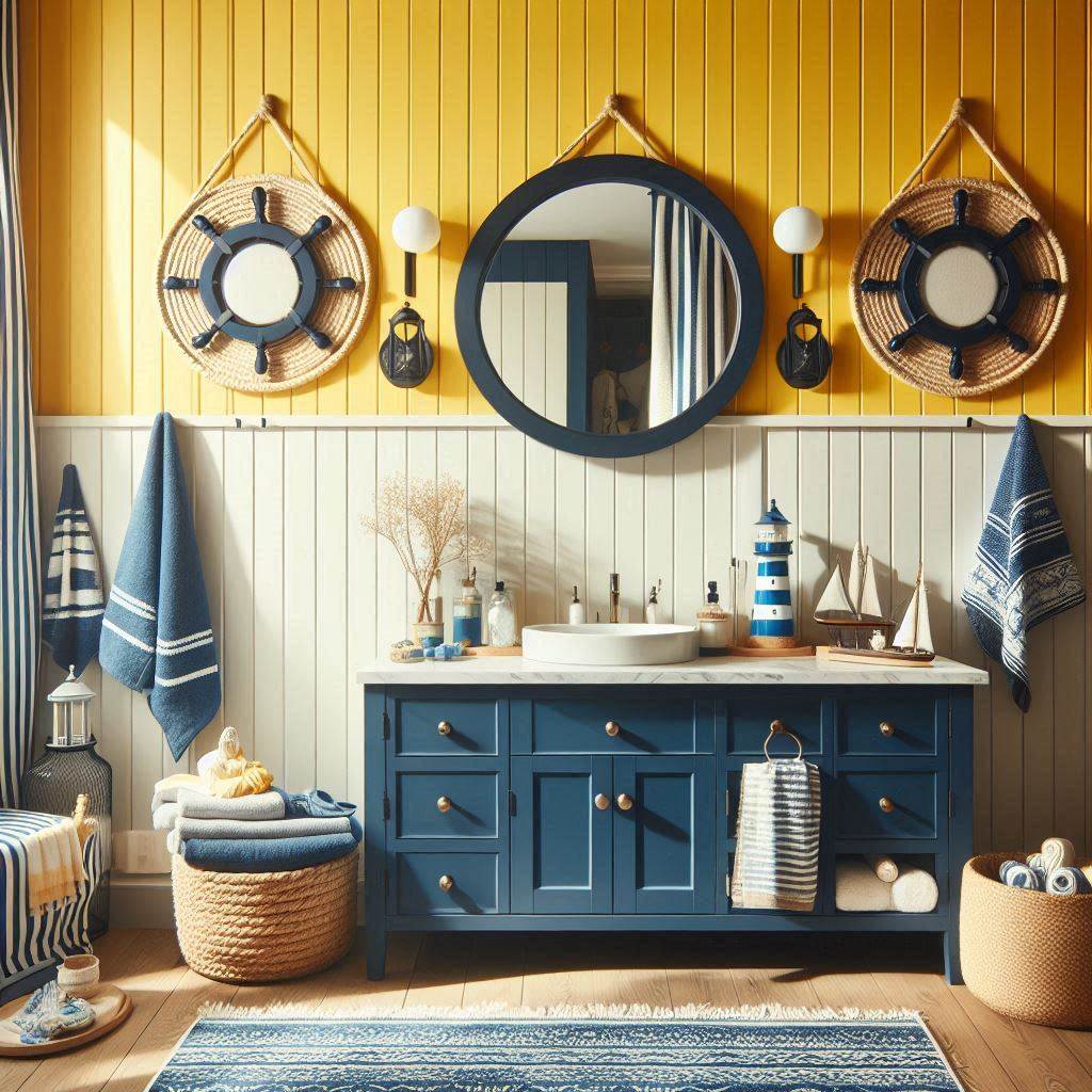 A nautical-themed bathroom with a bright yellow shiplap accent wall. The vanity is navy blue with a white marble top, and round, ship-inspired mirrors hang above. Nautical decor elements such as rope towel holders, a lighthouse figurine, and small blue and white striped accessories are scattered throughout the room. A blue and yellow patterned rug adds a cozy feel.