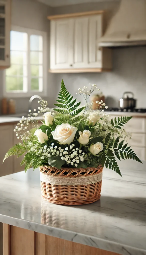 A traditional woven basket with an elegant arrangement of white roses, baby's breath, and green fern leaves. The basket is set on a marble countertop in a modern kitchen, with soft natural light coming through a window.
