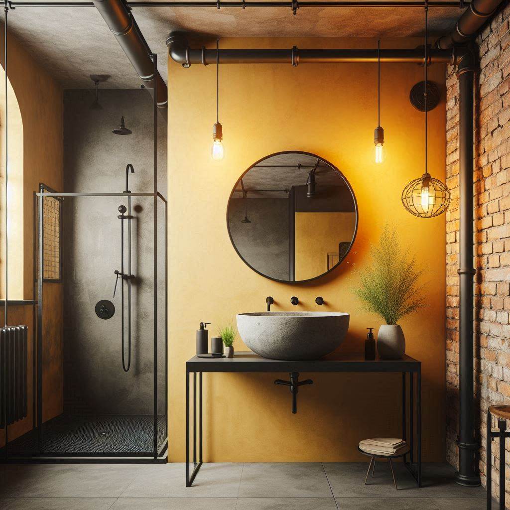 An industrial-style bathroom featuring matte yellow walls combined with exposed brick and black metal piping. A freestanding concrete sink with black metal legs is topped with a round mirror framed in black metal. An overhead shower with exposed piping and a wire-framed light fixture with an Edison bulb completes the industrial look. A small plant adds a hint of color.