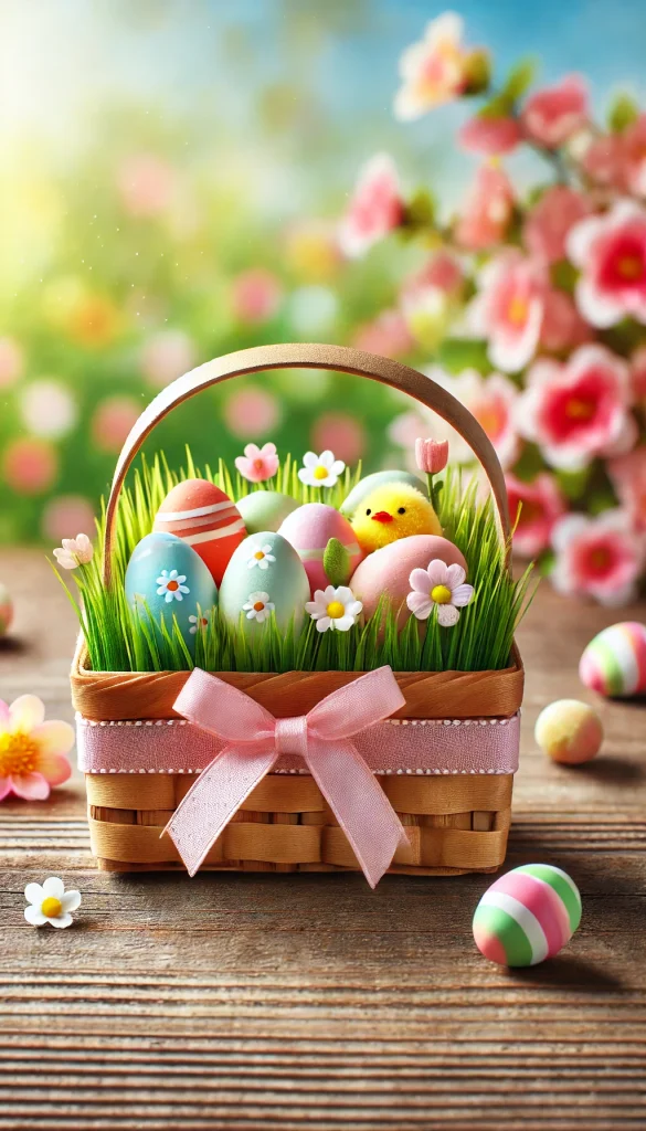 A small, rectangular basket decorated with a variety of colorful Easter eggs, pastel ribbons, and artificial grass. It is placed on a wooden surface with a backdrop of a blooming flower garden, evoking a joyful and festive Easter theme.