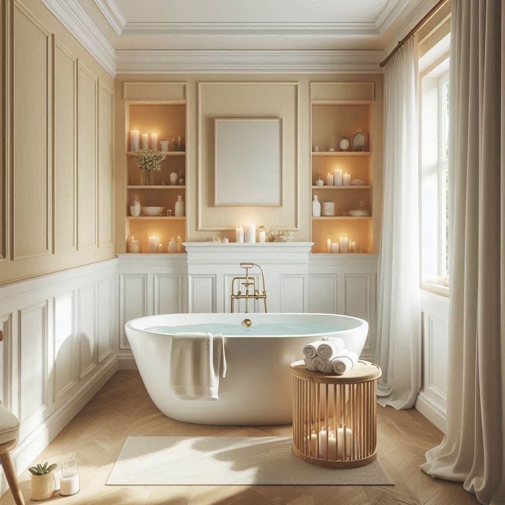 A luxurious bathroom designed to resemble a spa retreat, featuring pale yellow walls with white wainscoting. A large freestanding soaking tub is placed near a window with flowing white curtains, allowing natural light to flood in. A bamboo stool holds rolled white towels and a candle, while a built-in shelf displays spa essentials like oils and bath salts.