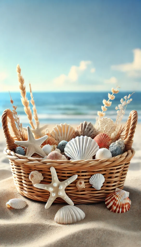A basket decorated in a beach theme, with seashells, starfish, and driftwood, placed on a sandy surface with a background of a calm ocean and a clear blue sky. The basket has a relaxed and seaside vibe.