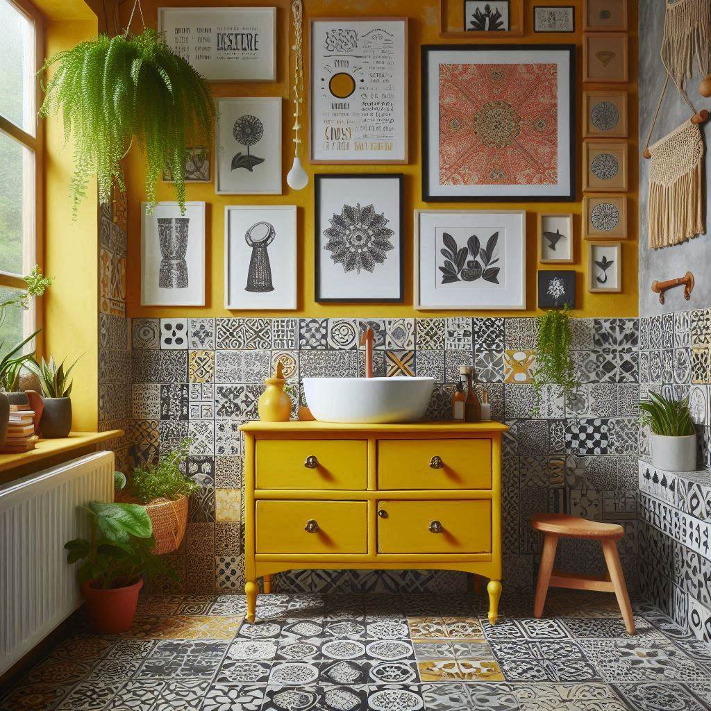 A quirky and eclectic bathroom featuring a combination of yellow walls and various patterned tiles in black, white, and gray. The vanity is a refurbished vintage dresser painted in a bold yellow hue, topped with a white vessel sink. A gallery wall with an assortment of framed artworks and plants hanging from macrame holders adds an artistic touch.