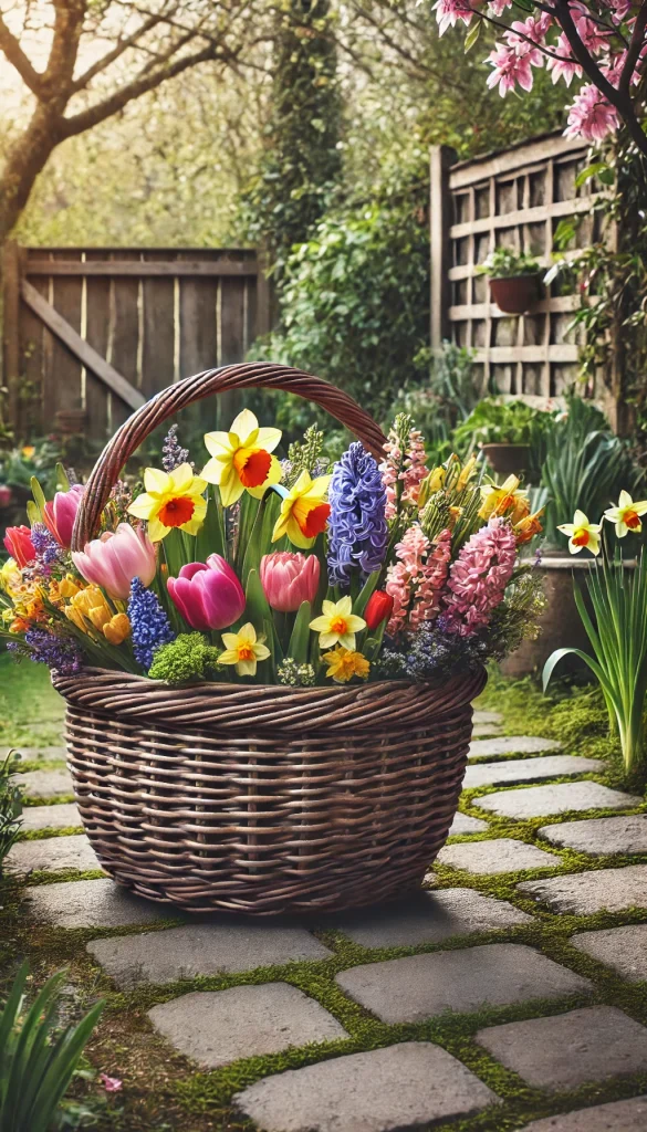 A large basket with a handle, filled with bright spring flowers like tulips, daffodils, and hyacinths. The basket is placed on a cobblestone path in a garden, with green foliage and a rustic fence in the background, symbolizing a fresh springtime feel.