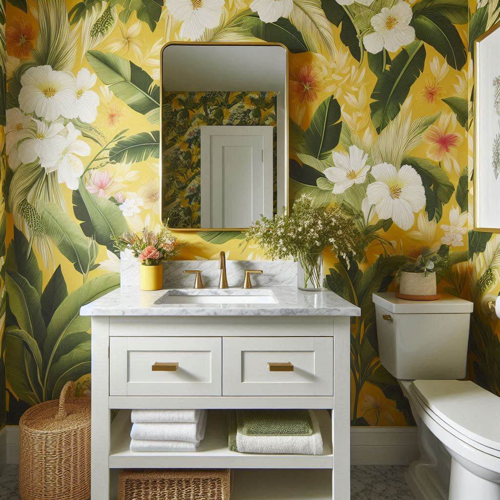 A small bathroom with a statement yellow wallpaper featuring large floral or tropical prints in green, white, and pink. The vanity is sleek and white with a quartz countertop, while the mirror has a thin gold frame. A woven basket under the vanity holds extra towels, and a vase with fresh flowers adds to the lively decor.