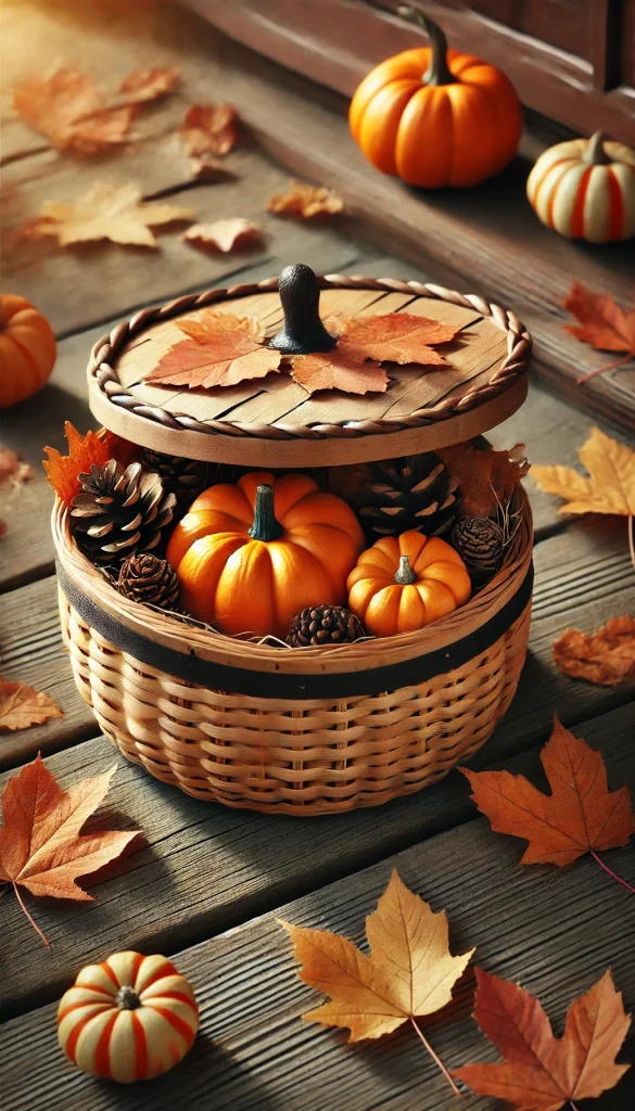 A small, round basket with a lid, decorated with autumn leaves, pine cones, and small pumpkins. The basket is placed on a wooden porch with fallen leaves around it, capturing a cozy and warm autumn atmosphere.