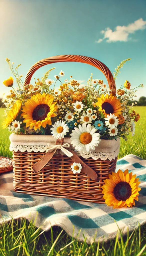 A vintage-style picnic basket adorned with sunflowers, daisies, and small white wildflowers. It is placed on a grassy field with a picnic blanket and a bright blue sky in the background, evoking a cheerful, summery vibe.