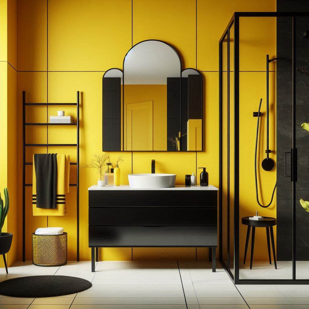 A contemporary bathroom design with bright yellow walls contrasted by sleek black fixtures. The vanity is a glossy black with a white countertop, and the mirror is a black-framed geometric shape. The shower features a black-framed glass door, and thereās a black towel ladder for added style. Yellow and black striped towels and a small cactus plant add final touches.