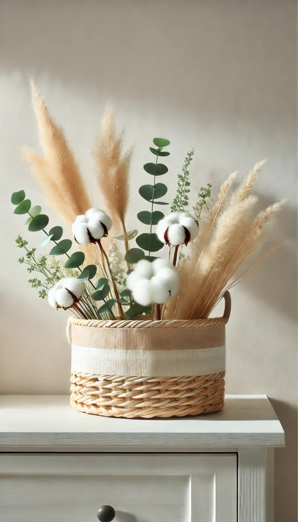 A woven basket with a modern, minimalist design, decorated with white and beige pampas grass, cotton stems, and simple greenery. The basket is placed on a white shelf with a background of soft, pastel-colored wall, giving a clean and airy feel.