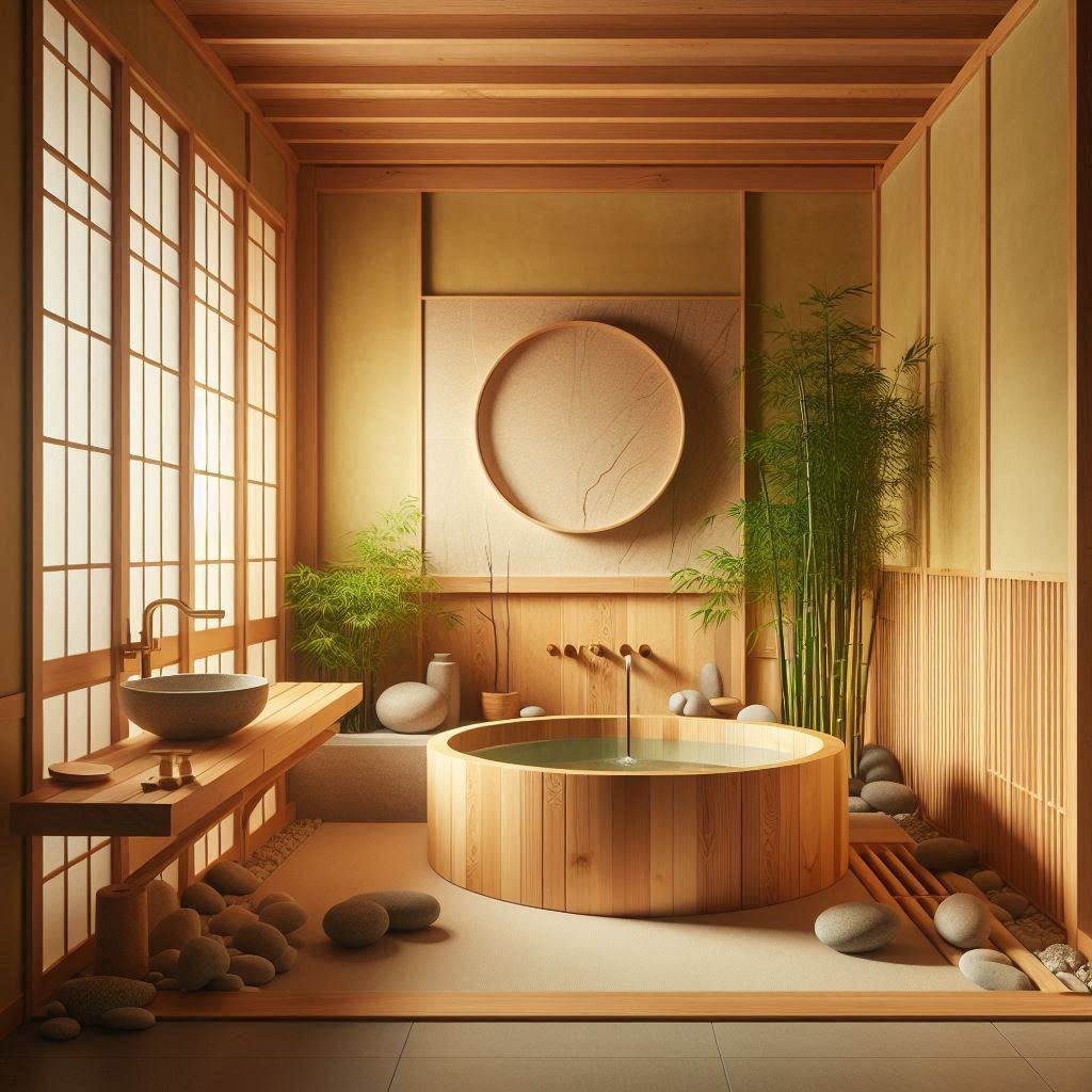 A serene, Zen-inspired bathroom featuring soft yellow walls with natural wood accents. The room includes a deep soaking tub made of cedar wood, surrounded by bamboo plants and smooth river stones. The vanity is minimalist with a simple wooden countertop and a round stone basin sink. A large shoji-style sliding door separates the bathroom from the rest of the space, allowing for a tranquil atmosphere. Soft ambient lighting and a small water fountain add to the peaceful, spa-like setting.
