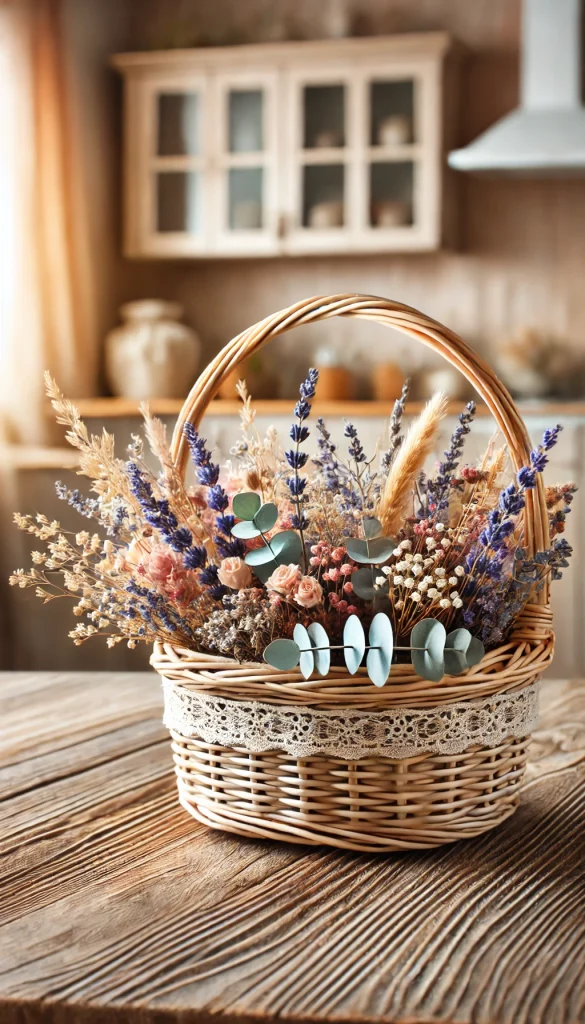 A rustic wicker basket decorated with a mix of colorful dried flowers like lavender, baby's breath, and eucalyptus leaves. The basket is placed on a wooden table with a soft, natural background of a cozy cottage-style kitchen.