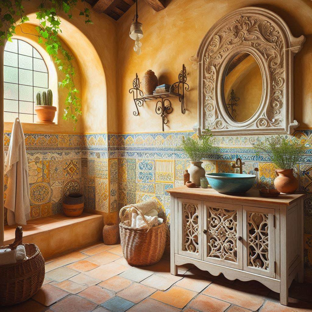 A Mediterranean-style bathroom with sun-washed yellow stucco walls and rustic terracotta floor tiles. The vanity is made of wrought iron with a blue ceramic sink featuring intricate patterns, and a large, arched mirror with a distressed white frame hangs above it. The shower area has a curved, tiled archway with hand-painted tiles in shades of blue, yellow, and green. Woven baskets, clay pots, and trailing ivy plants add warmth and charm to the space.
