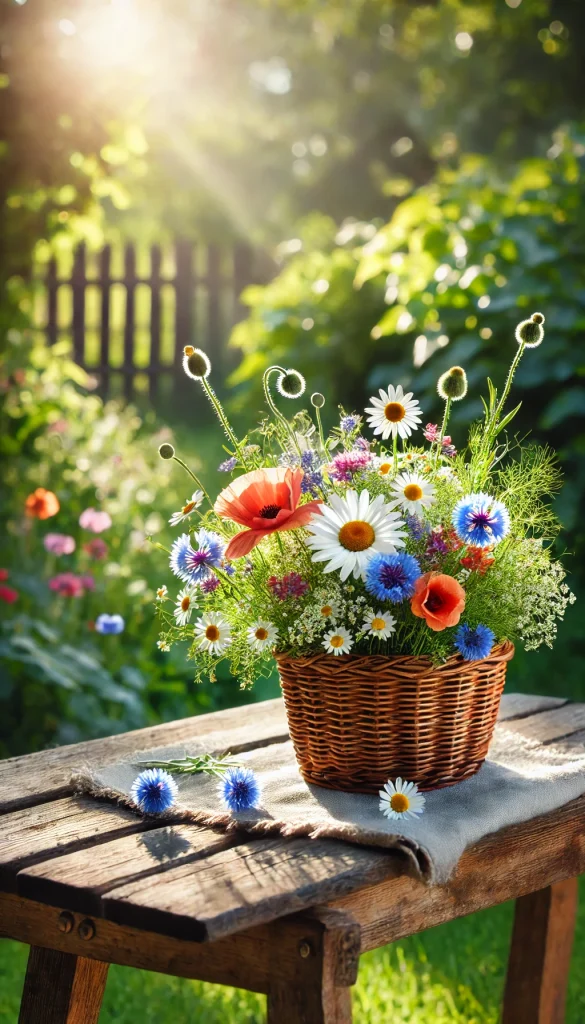 A decorative basket filled with freshly cut wildflowers, such as daisies, poppies, and cornflowers, set on a wooden garden bench. The background shows a lush green garden with sunlight filtering through the leaves, creating a serene and natural setting.