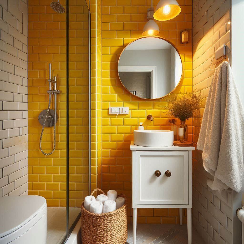 A small bathroom with vibrant yellow subway tiles on the walls and white grout. A compact white vanity with a circular mirror sits under an industrial-style sconce. The shower area has a clear glass door, and a woven basket filled with rolled-up towels is placed in the corner for a cozy touch.