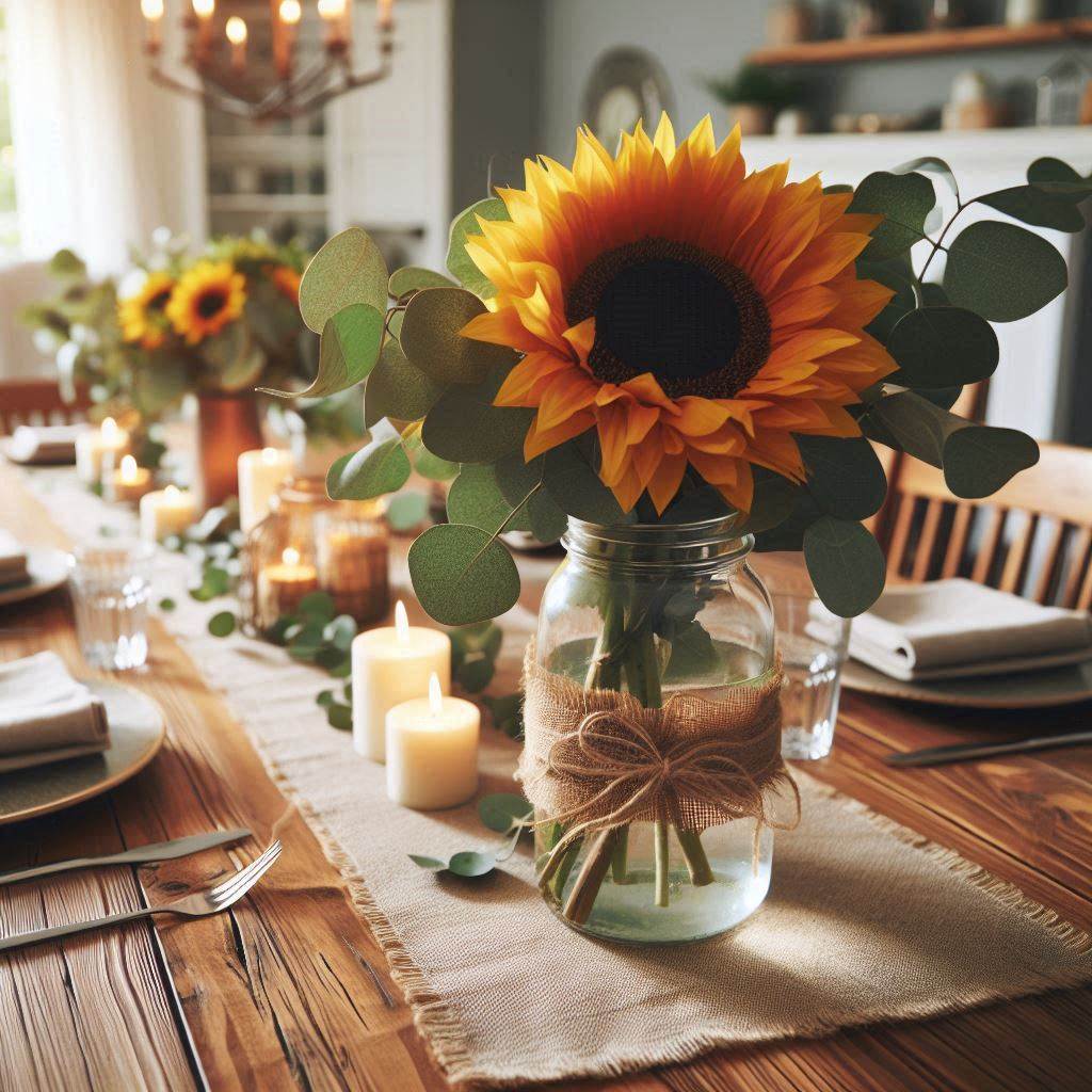 A dining table setup with a rustic theme, featuring a wooden table runner adorned with a large, vibrant sunflower centerpiece in a mason jar. The jar is filled with water and tied with burlap and lace. Around it, small candles and greenery like eucalyptus leaves are scattered. The background shows a cozy, farmhouse-style dining room with wooden chairs and a soft, warm glow from hanging string lights.