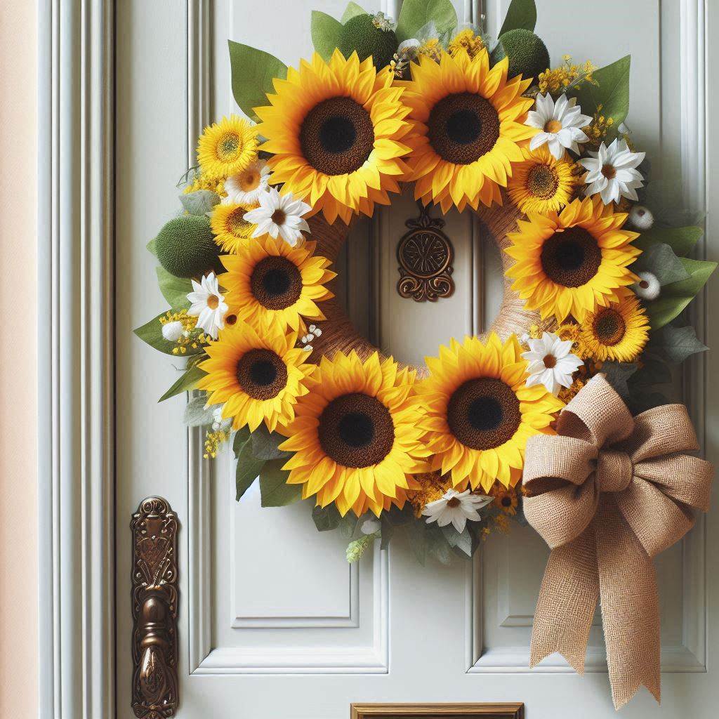 A close-up of a beautiful, handmade sunflower wreath hanging on a classic, white front door. The wreath is made of large, bright yellow sunflowers, mixed with small white daisies, green foliage, and a burlap bow at the bottom. The door has a vintage-style door knocker and a soft pastel-colored wall around it, enhancing the welcoming feel.