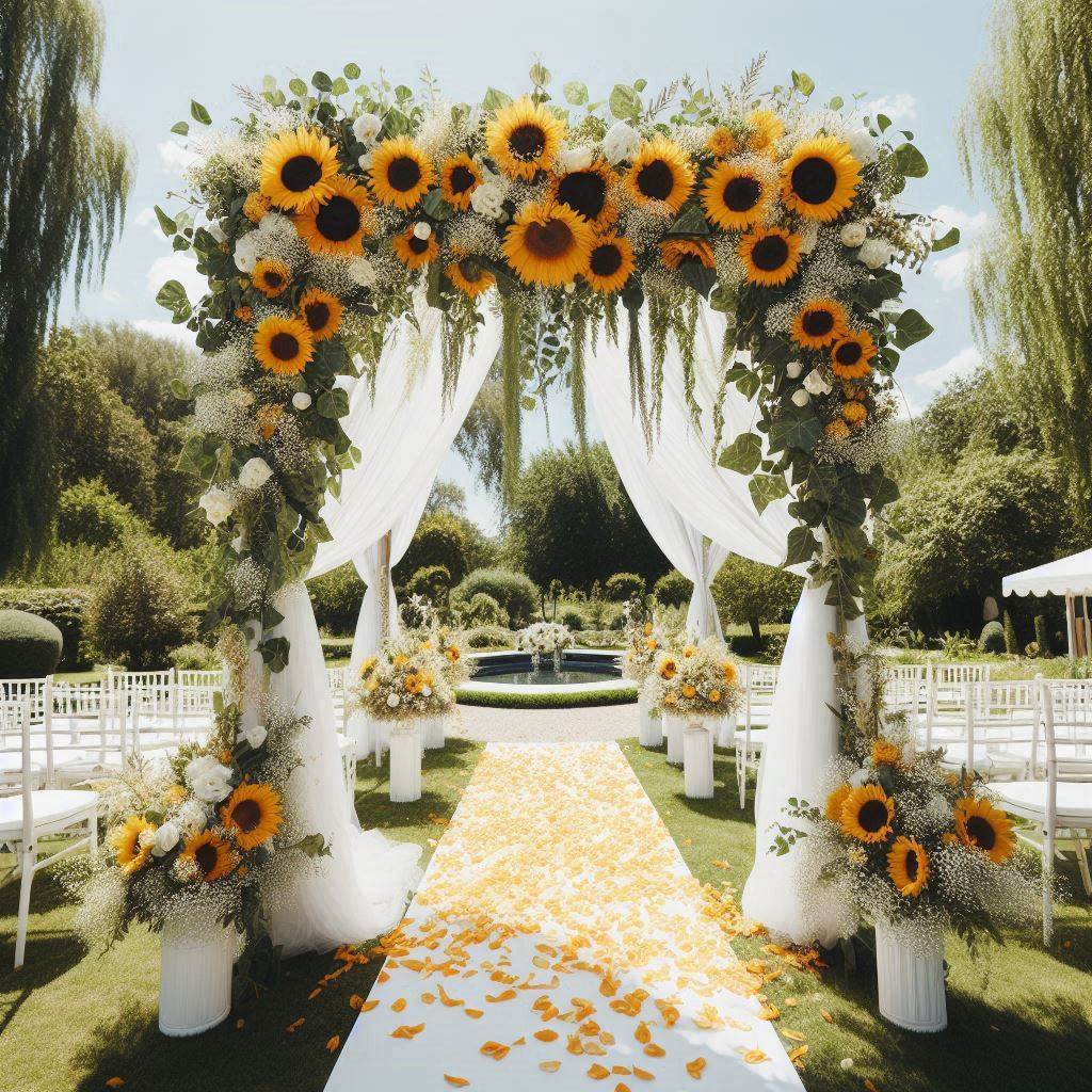 An outdoor wedding scene with a stunning sunflower-adorned arch. The arch is draped in white tulle fabric, with sunflowers, ivy, and baby’s breath cascading down from the top and sides. White chairs are arranged on both sides of a white aisle runner, and there are sunflower petals scattered along the path. The background shows a lush green garden setting under a clear blue sky.