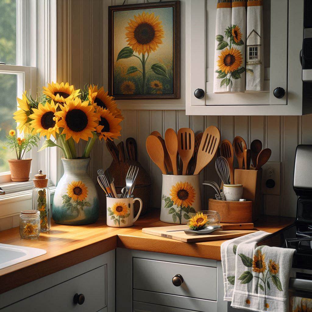 A cozy kitchen setting with sunflower-themed decor. The kitchen has white cabinets and a butcher-block countertop. On the counter, there is a sunflower-themed ceramic utensil holder, a sunflower-printed tea towel hanging from the oven handle, and a framed sunflower painting on the wall. A small vase with fresh sunflowers is placed by the window, bringing in natural sunlight.