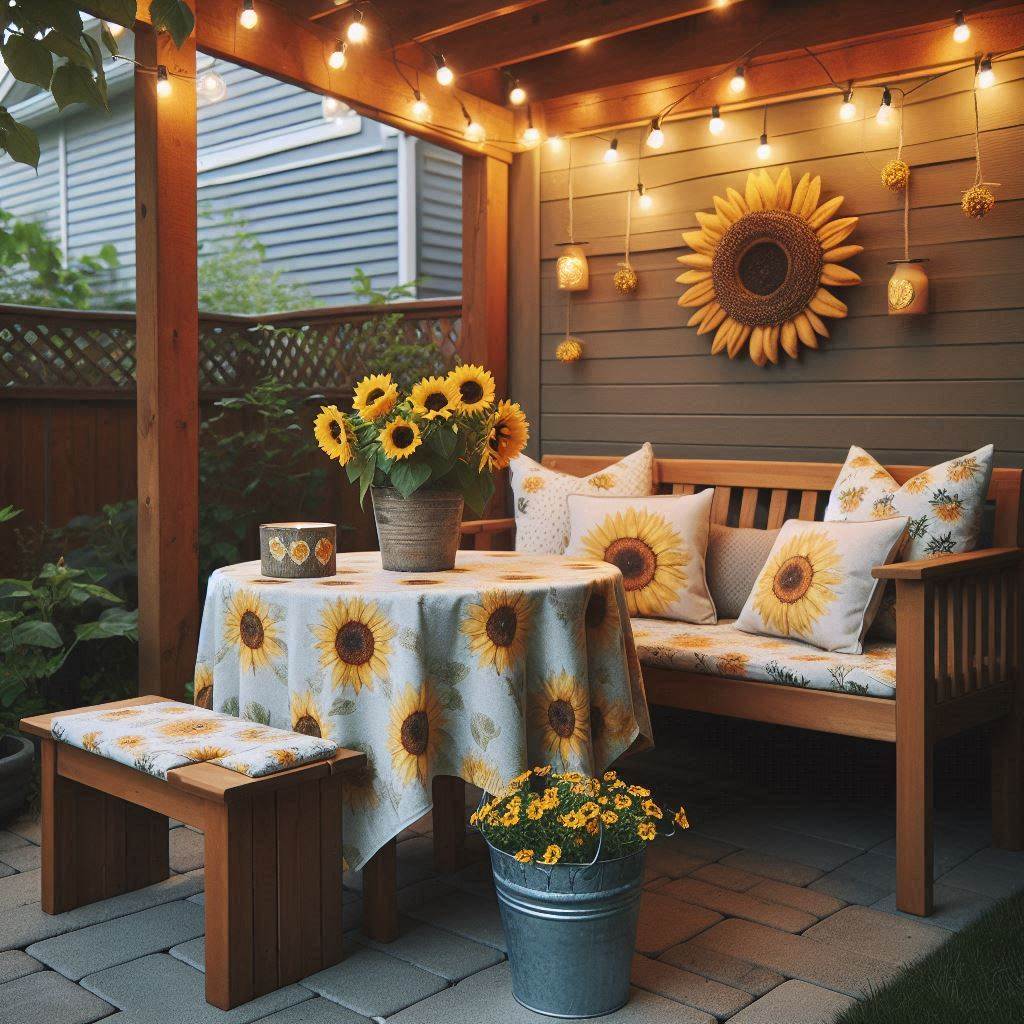 A small backyard patio setup featuring a wooden bench with sunflower-printed cushions and throw pillows. A sunflower-themed tablecloth covers a round table, topped with a potted sunflower plant in a rustic metal bucket. String lights with small sunflower covers are hanging above the seating area, creating a warm and inviting atmosphere for an evening outdoor gathering.
