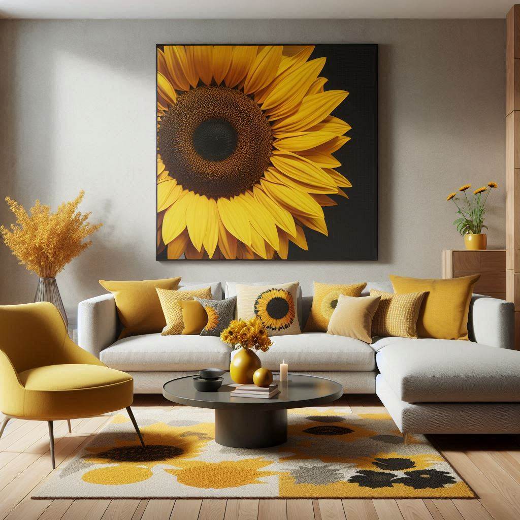 A modern living room with a bold sunflower wall art piece as the focal point. The artwork is a large canvas print of a close-up sunflower with a bright yellow background, hung above a neutral-colored sofa. The room is styled with sunflower-yellow accent pillows, a sunflower-patterned rug, and small sunflower-themed decorative items on a wooden coffee table.