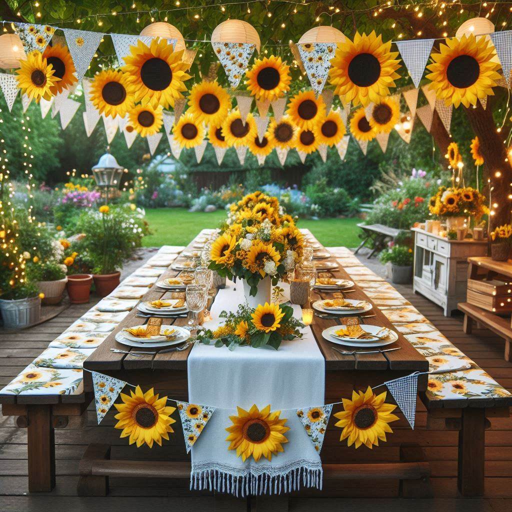 An outdoor party setup with sunflower-themed decorations. The scene includes a long wooden picnic table covered with a white tablecloth and sunflower garlands running down the center. Hanging above are sunflower-shaped paper lanterns and bunting flags. The table is set with sunflower-printed plates, napkins, and matching cutlery. The background features a garden with blooming flowers and fairy lights strung from tree branches.