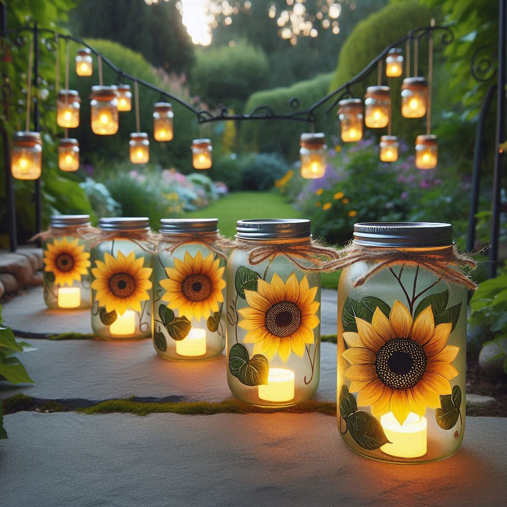 A collection of DIY mason jar lanterns for a garden pathway. Each jar is painted in a soft yellow shade, with hand-painted sunflowers around the middle. Inside each jar, there are small LED candles that create a soft, flickering light. The jars are hung on shepherd's hooks lining a stone pathway in a lush garden setting at dusk, creating a cozy and inviting ambiance.