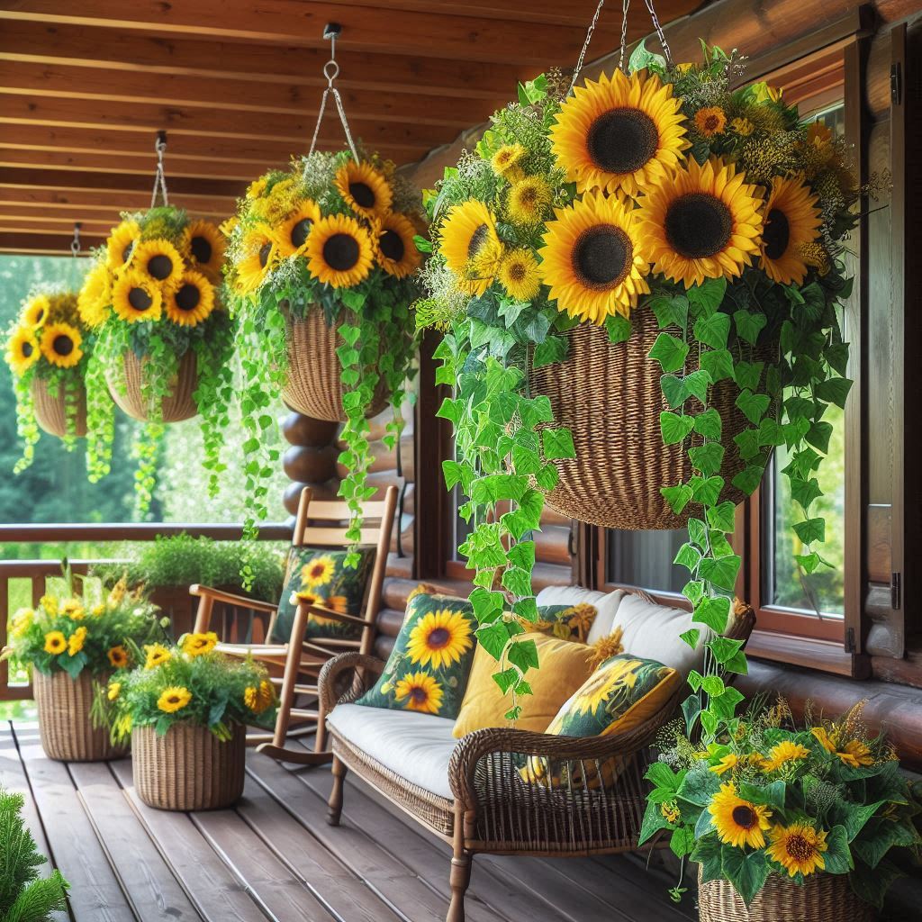 A series of hanging baskets filled with cascading sunflowers and green ivy, hung along a wooden porch railing. The baskets are woven with a rustic, natural finish and overflow with bright, large sunflowers mixed with small yellow and white wildflowers. The background includes a cozy porch with a rocking chair, sunflower-themed cushions, and a view of a lush garden.