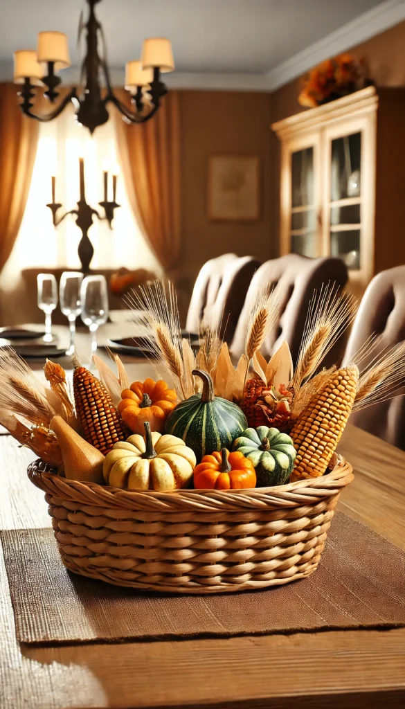 A basket decorated with autumn-themed elements like dried corn, mini gourds, and wheat stalks, placed on a dining table. The background includes a warm-toned dining room with wooden furniture and a fall centerpiece, evoking a cozy harvest season.