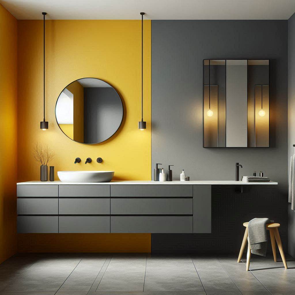 A modern bathroom design with a striking combination of yellow and gray. One wall is painted in a deep mustard yellow, while the rest are a soft gray. The bathroom features a sleek gray vanity with a white countertop and matte black fixtures. A large round mirror and industrial-style lighting add a contemporary feel.