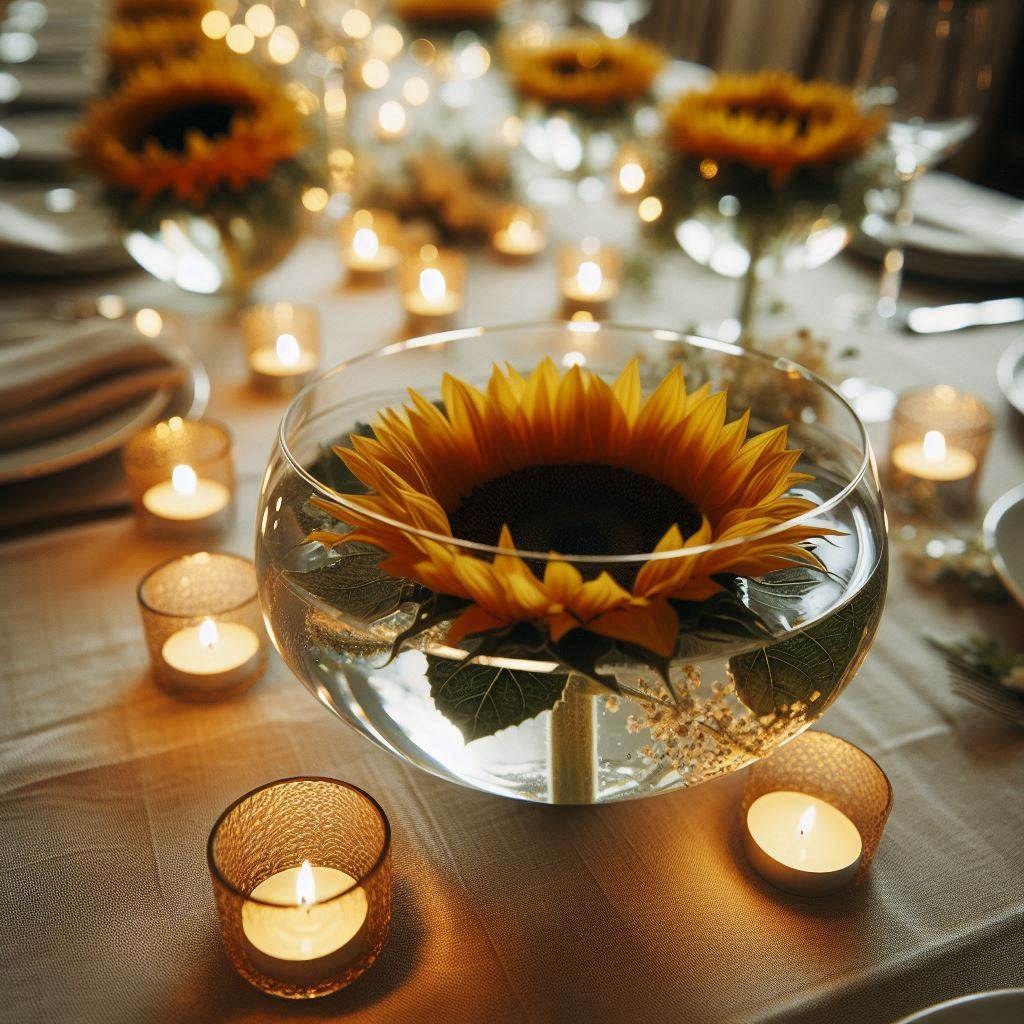 A close-up of a set of elegant glass bowls filled with water, each containing a single large sunflower head floating on the surface. Small floating candles surround the sunflowers, creating a warm, romantic glow. The bowls are arranged on a long table with a linen tablecloth, suitable for a wedding or a formal dinner setting.