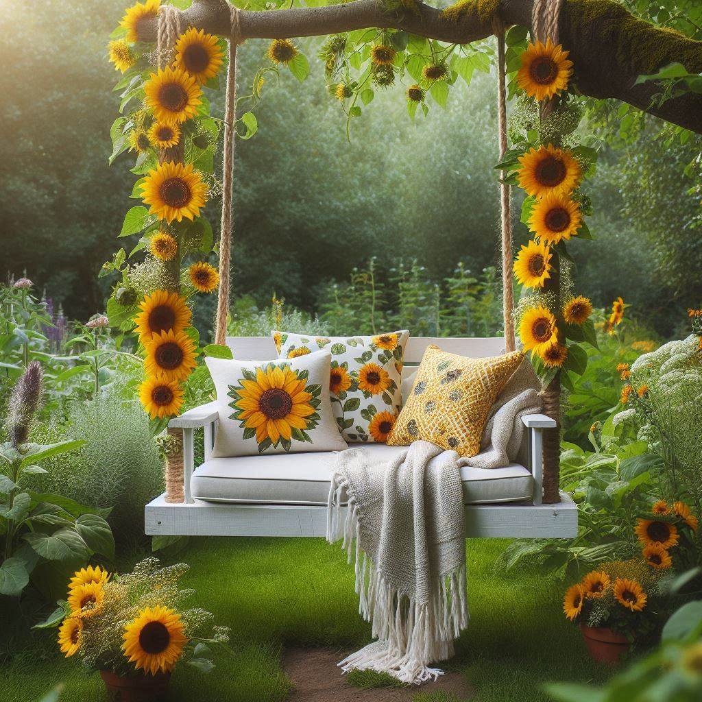 A charming garden swing decorated with sunflower garlands. The swing, made of white wood, is hung from a sturdy tree branch with thick ropes wrapped in sunflower vines. A cozy sunflower-themed cushion and throw blanket are placed on the swing seat, creating an inviting spot for relaxation amidst a backdrop of green foliage and wildflowers.