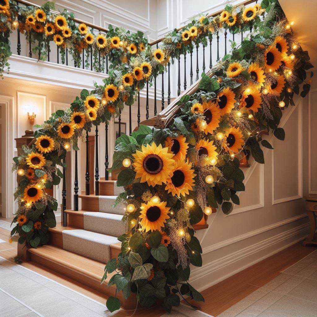 An interior staircase wrapped in a sunflower garland, ideal for a festive or celebratory home decor theme. The garland is made up of large sunflowers, greenery, and small white flowers, elegantly draped along the banister. There are sunflower-shaped fairy lights intertwined with the garland, casting a warm, welcoming light throughout the hallway.