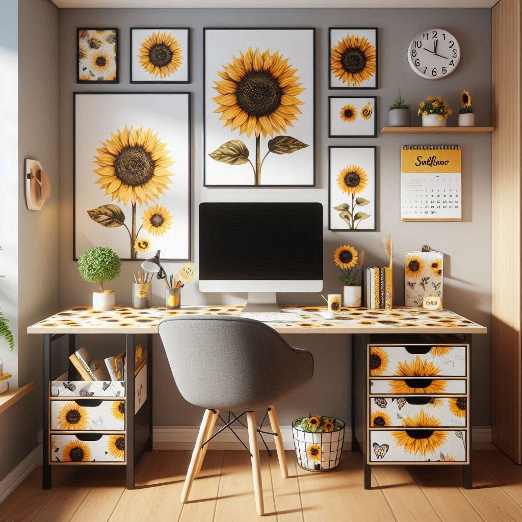 A modern home office with sunflower-themed accents. The desk features sunflower-patterned organizers, a sunflower-themed calendar, and a small potted sunflower plant. Above the desk, there are framed motivational quotes featuring sunflower illustrations, and a sunflower-shaped clock on the wall. The room is well-lit with a large window letting in plenty of natural light.