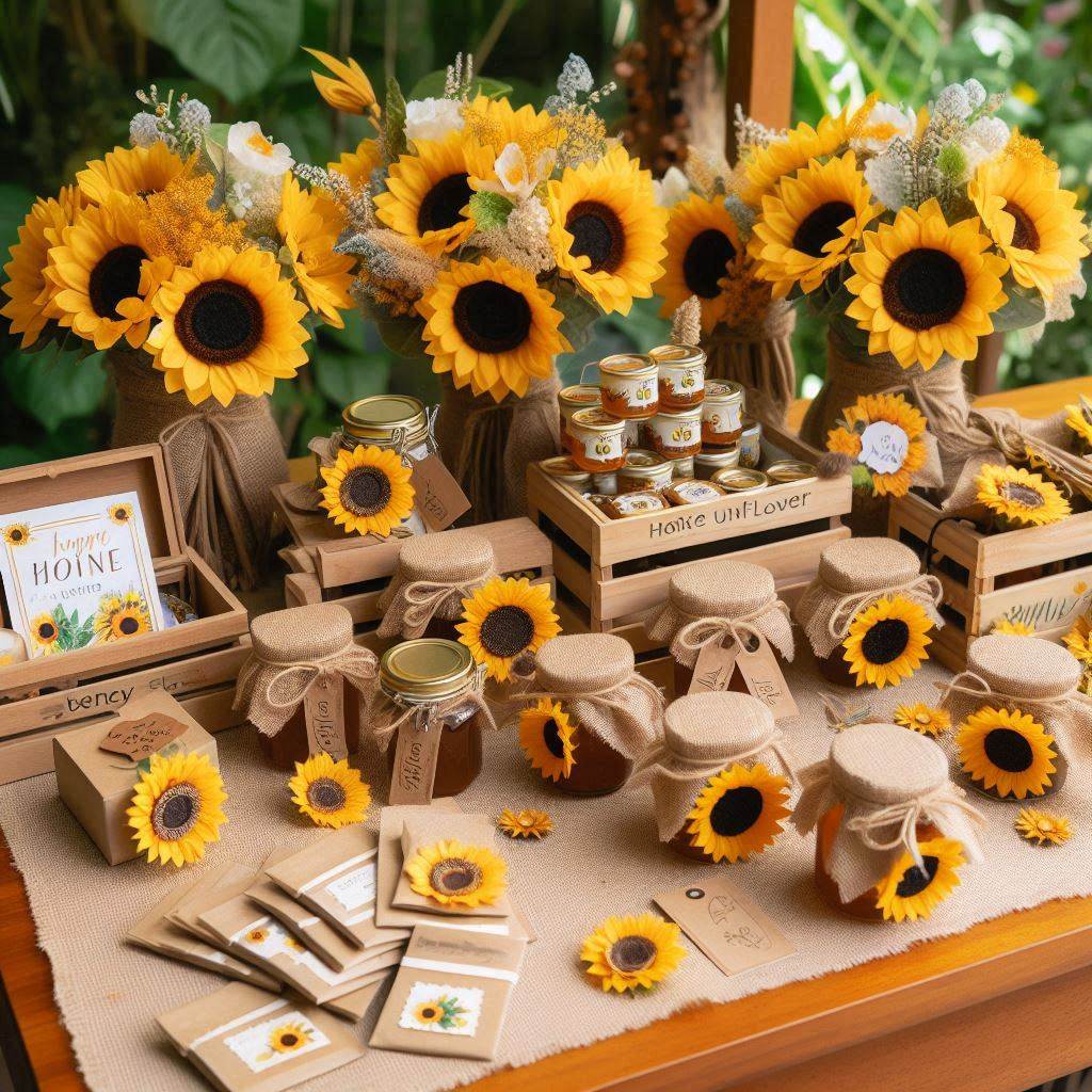 A display of sunflower-themed party favors for a garden party or bridal shower. The favors include small jars of honey with sunflower labels, miniature sunflower bouquets wrapped in brown craft paper, sunflower seed packets, and sunflower-shaped candles. Each favor is neatly arranged on a wooden table with a sunflower-printed table runner and decorative elements like small wooden crates and burlap.