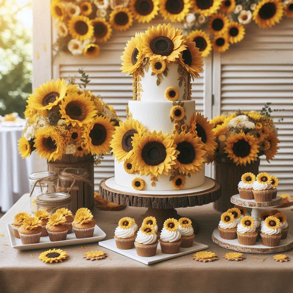 A sunflower-themed dessert table setup for a wedding or birthday party. The table features a multi-tiered white cake with sunflower decorations cascading down the sides, sunflower-shaped cookies, and cupcakes topped with sunflower frosting. The table is decorated with sunflower garlands, a rustic wooden cake stand, and small mason jars with sunflowers placed around the desserts.
