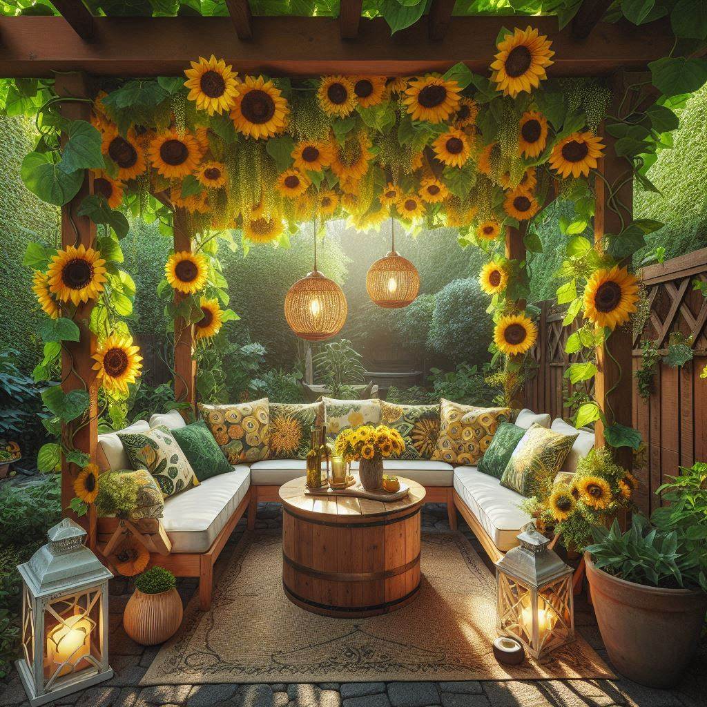 An outdoor pergola in a garden or backyard, decorated with a canopy of sunflowers and green vines. The pergola has comfortable seating with sunflower-themed cushions, a wooden coffee table, and hanging lanterns with sunflower designs. The setting is perfect for a small gathering or a peaceful afternoon reading spot with dappled sunlight filtering through the sunflower canopy.