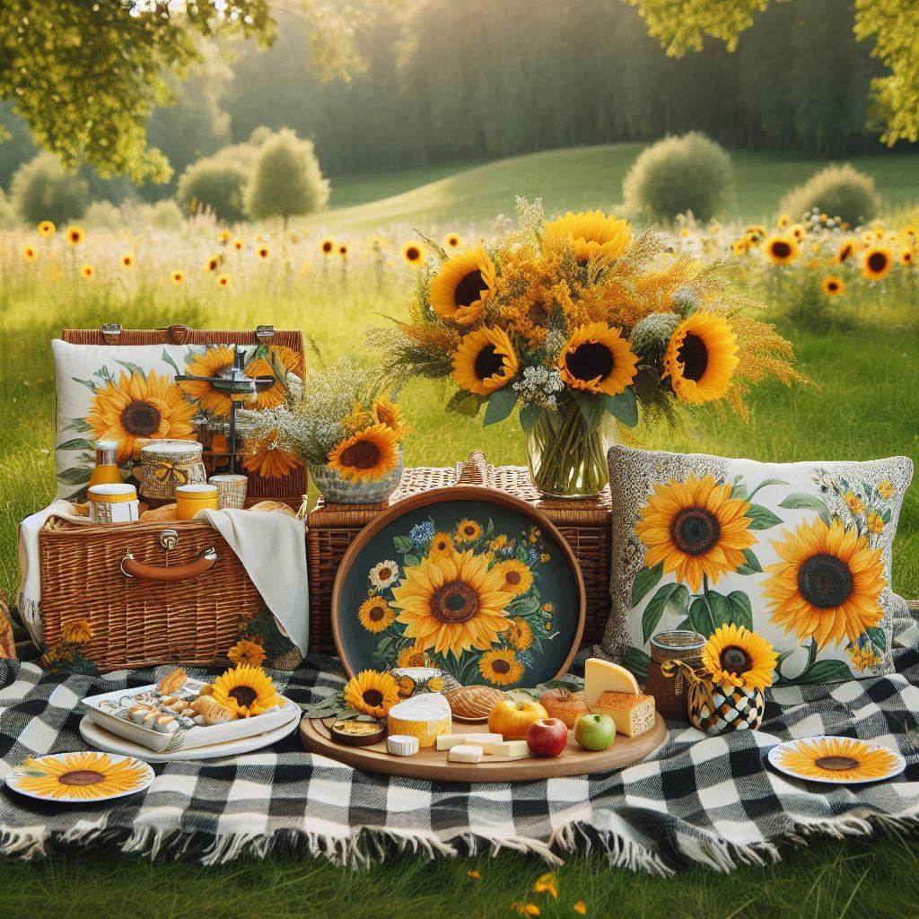 A picturesque picnic scene in a park with a sunflower theme. A checkered picnic blanket is spread on the grass, with sunflower-patterned cushions for seating. The setup includes a wicker picnic basket, sunflower-printed plates and napkins, and a wooden charcuterie board topped with cheeses, fruits, and sunflower-shaped cookies. Fresh sunflowers are placed in a glass jar as a centerpiece, and the background is filled with tall green trees and wildflowers.