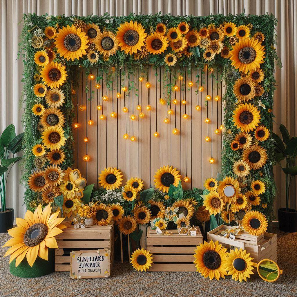 A sunflower-themed photo booth backdrop for a party or event. The backdrop features a large wooden frame covered in sunflowers and green vines, with strings of small sunflower fairy lights hanging down. In front of the backdrop, there is a wooden crate with props like sunflower crowns, oversized sunflower sunglasses, and sunflower-themed signs for guests to use. The setup is ideal for a wedding, birthday, or garden party.
