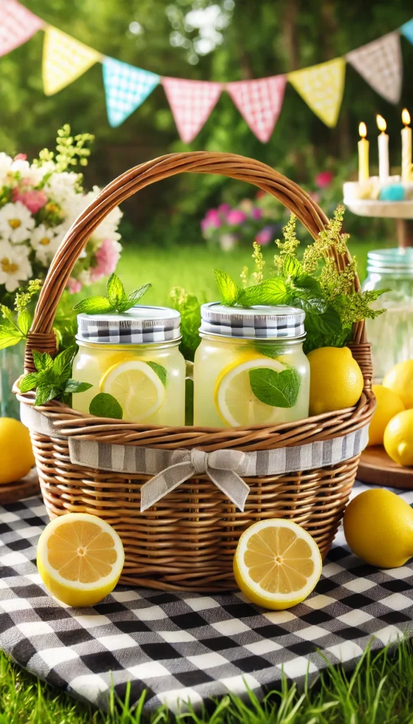 A wicker basket designed for a garden party, filled with lemons, mint leaves, and mason jars of lemonade. The basket is placed on a picnic table with a checkered tablecloth, surrounded by blooming flowers and party decorations, evoking a refreshing summer gathering.