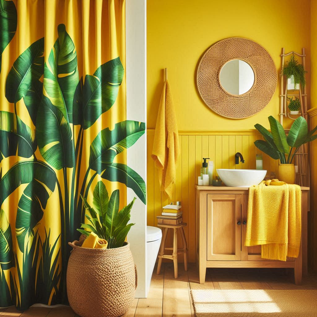 A bright yellow bathroom with a tropical theme. The walls are painted in a sunny yellow shade, and thereās a large leafy green plant in a woven basket in the corner. The shower curtain has a bold banana leaf print, and the vanity is a natural wood finish with a round rattan mirror above it. A bamboo ladder is used to hang towels, adding a natural element.