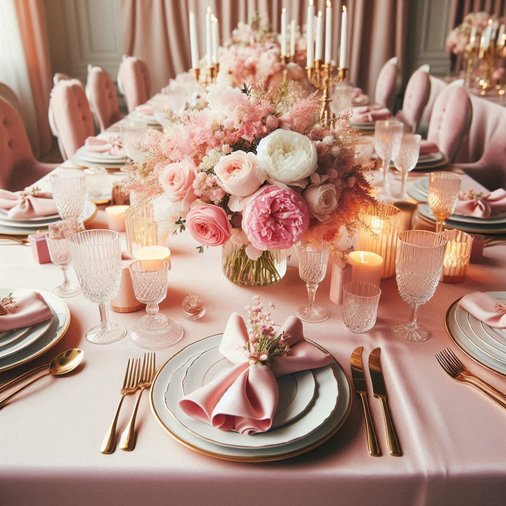 A luxurious dinner table set for an evening event, featuring a soft pink color palette. The table is adorned with a pink satin tablecloth, white porcelain plates with gold trim, crystal wine glasses, and gold cutlery. In the center, a large floral arrangement with pink roses, peonies, and babyâs breath in a gold vase. Pink linen napkins are neatly folded and tied with a gold ribbon. Candles in glass holders create a warm and elegant ambiance.