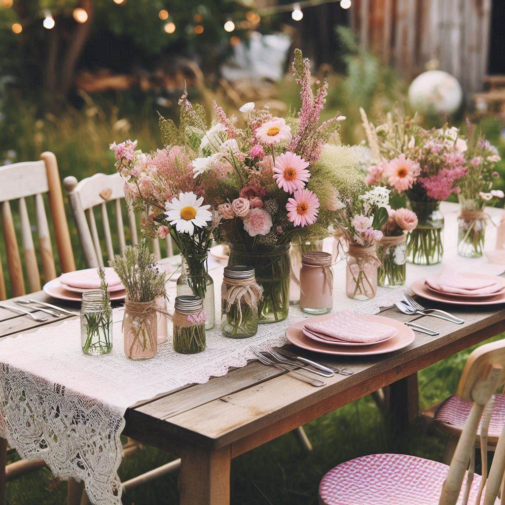 A rustic outdoor table setup for a garden party, with a pink and natural wood theme. The wooden table is covered with a light pink lace table runner, surrounded by mismatched vintage chairs. Centerpieces include small mason jars filled with wildflowers in shades of pink, white, and greenery. Pink gingham napkins are placed beside simple white plates, and a string of fairy lights above adds a whimsical touch.