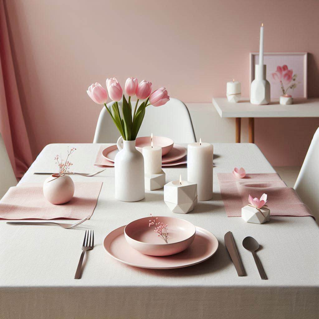 A minimalist table setting in a modern dining room with a pink and white theme. The table is decorated with a simple white linen tablecloth, pink ceramic plates, and sleek silver cutlery. A single pink tulip in a small white vase is placed at each setting. White candles in geometric holders are arranged in the center, with a few scattered pink rose petals for a delicate touch.