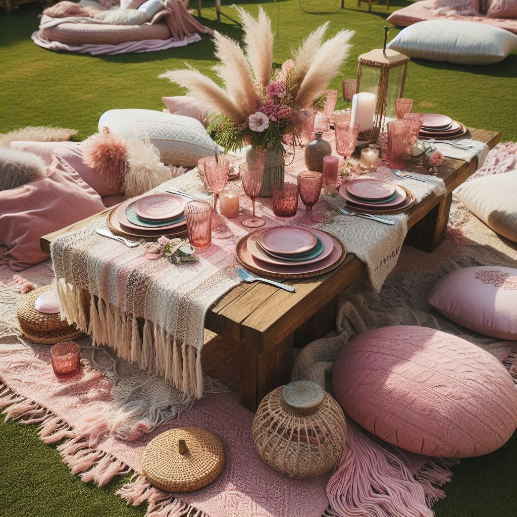 A boho-style picnic table setting with a pink and earthy vibe. The low wooden table is set on a lush green lawn, with floor cushions in shades of pink, beige, and white around it. The table is adorned with a variety of textured pink table runners, vintage pink glassware, and mismatched plates. A mix of pampas grass and pink flowers are arranged in small vases, and woven rattan placemats add a natural touch.