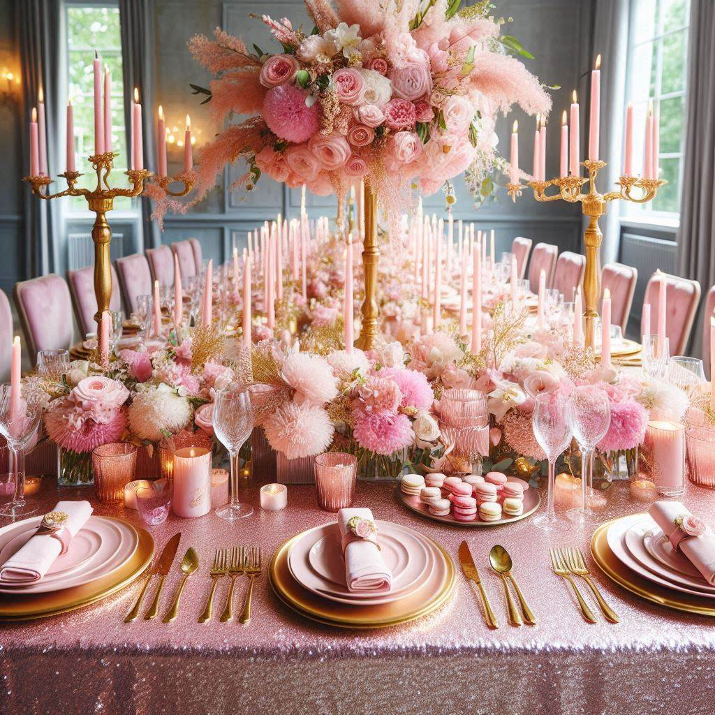 A glamorous table setting for a bridal shower, featuring a pink and gold theme. The long table is covered with a blush pink sequined tablecloth, gold-rimmed glass plates, and pink glass goblets. Each place setting has a pink napkin with a gold napkin ring, and small pink macarons as favors. In the center, tall gold candelabras with pink taper candles and lush floral arrangements in shades of pink and white create a stunning focal point.