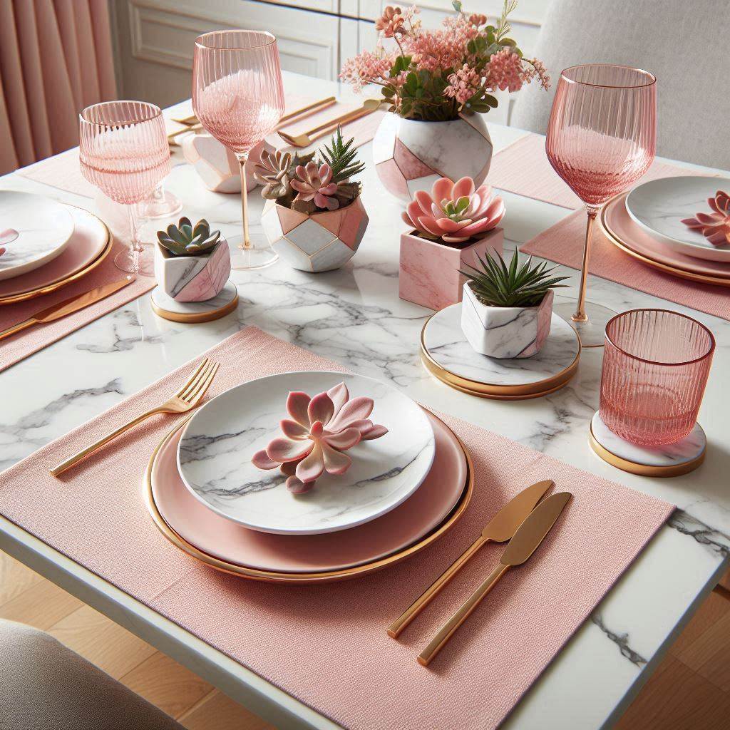 A chic modern dining table setup featuring pink and marble accents. The table has a white marble top with soft pink linen placemats and pink marble coasters. Gold-rimmed white plates, modern gold cutlery, and pink-tinted glassware complete the look. Small geometric pink and white planters with succulents and tiny pink flowers are arranged in the center, adding a contemporary yet soft feel.